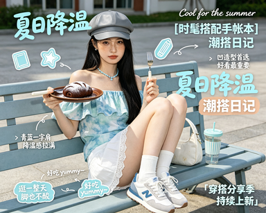 浅青蓝扎染一字肩上衣搭配白色短裙，叠加星星、书本、铅笔手账贴纸